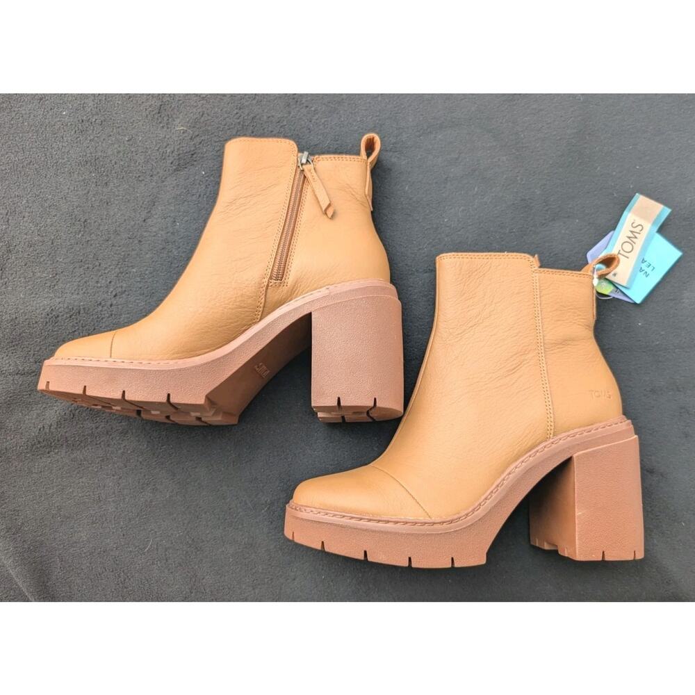 TOMS Rya Boots Tan LEATHER Platform Block Heel NWT Size W7. 5 - Picture 2 of 14
